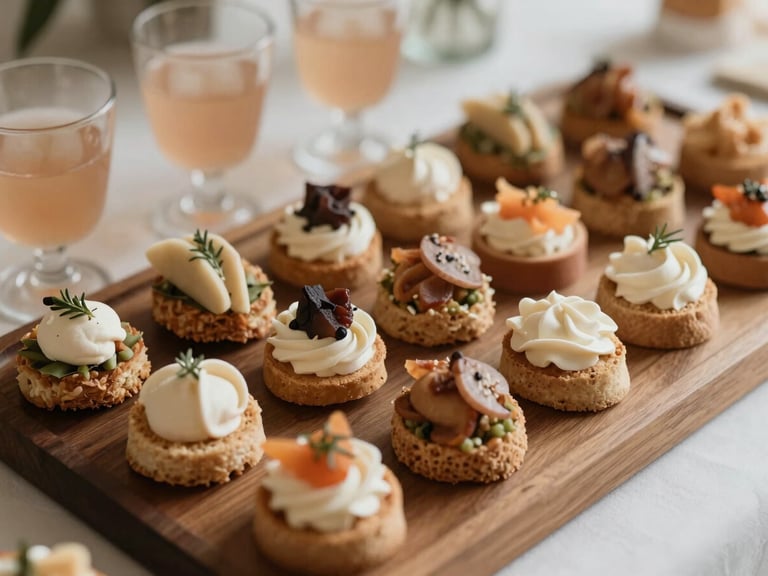 Elegant display of gourmet canapés and cocktails on a dark wooden tray. Soft warm lighting, warm desaturated earth tones, elegant styling, shallow depth of field, 35mm.
