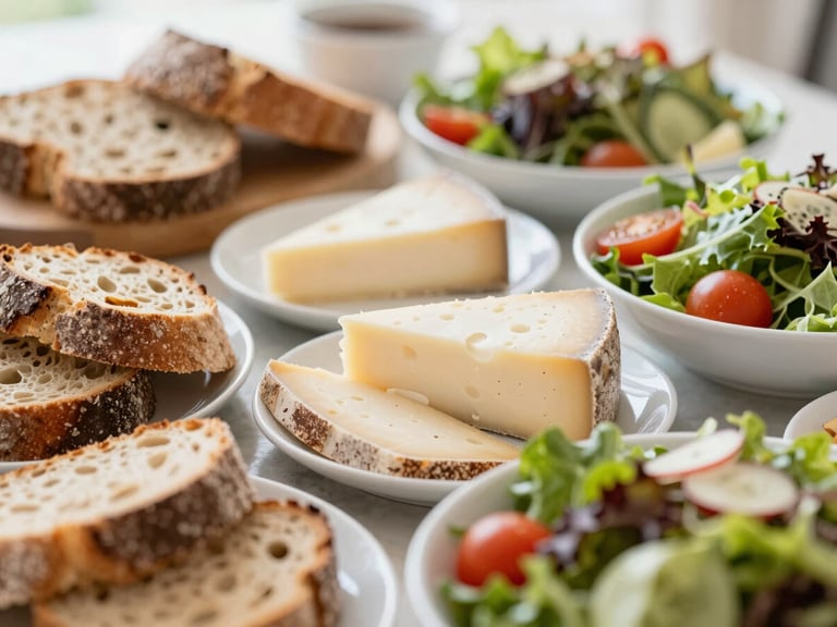 Close-up of a vibrant brunch spread featuring artisanal breads, fine cheeses, and colorful salads. Natural light, warm desaturated earth tones, elegant styling, shallow depth of field, 35mm.