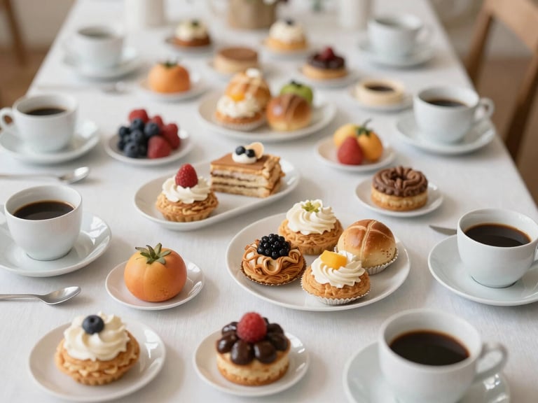 Overhead shot of a meticulously arranged coffee break table with assorted pastries, fresh fruits, and elegant coffee cups. Soft natural daylight, warm desaturated earth tones, elegant styling, shallow depth of field, 35mm.