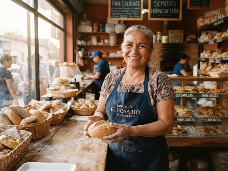 Bright environmental portrait of a smiling Salvadoran bakery owner in San Miguel, golden hour sunlight, warm tones, 35mm