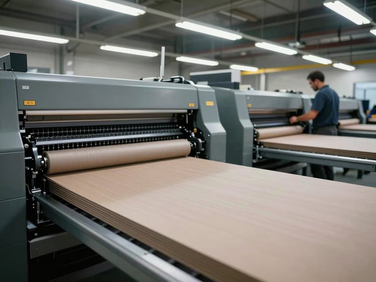 Wide production floor shot of a printing press mid-run, rolls of packaging board loaded, operator visible from behind checking registration, overhead fluorescent lighting, industrial factory environment