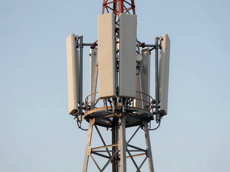 Macro shot of a high-altitude infrastructure project in Equatorial Guinea, clean modern telecom towers against a crisp daylight sky, representing strategic elevation.