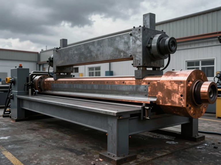 Industrial editorial photography of a heavy metal fabrication workshop, dramatic overcast daylight, steel gray and copper tones, sharp focus, 35mm lens