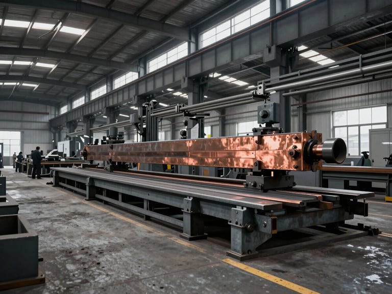 Wide-angle industrial editorial photography of a heavy metal fabrication workshop with dramatic overcast daylight, steel gray and copper tones, sharp focus, 35mm lens. Heavy machinery and steel beams visible.
