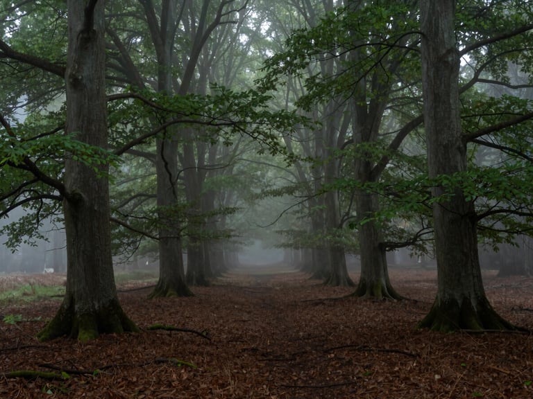 Misty morning over an ancient German beech forest, soft fog between old trees, moody green and earth tones, wide-angle cinematic shot