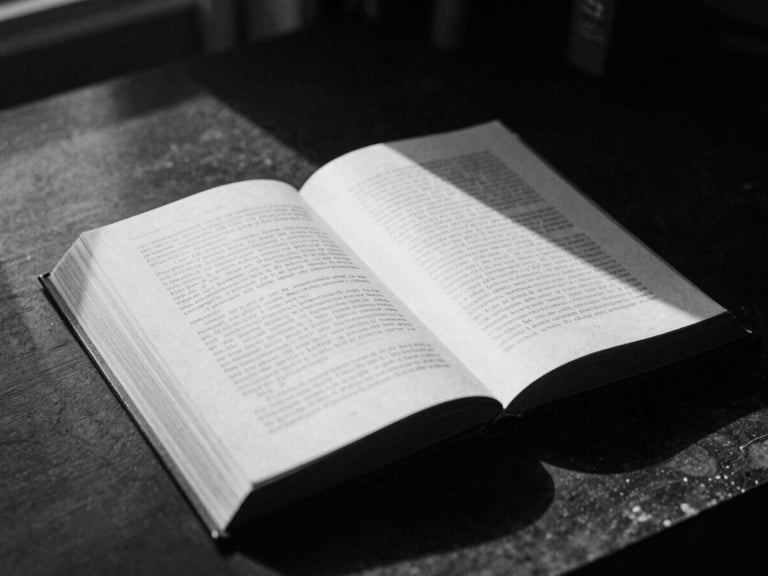 An open antique book on a dark desk, dramatic chiaroscuro lighting, deep shadows, editorial black and white photography, 35mm film grain
