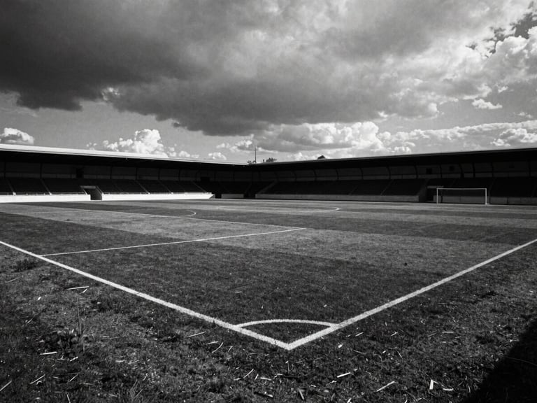 Editorial black and white photography, dramatic natural light, deep shadows, high contrast, 35mm film grain. An empty regional football pitch in Seville under a heavy overcast sky, dramatic dark clouds, white chalk lines on the dark soil.