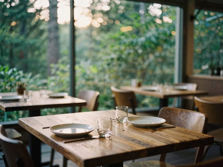 Wide environmental shot of an empty boutique restaurant dining room at golden hour, rustic wooden tables set with simple ceramic plates, soft diffused Scandinavian daylight, rich forest green tones, shallow depth of field, 35mm film.