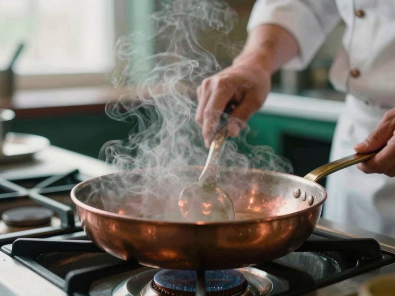 Close-up of steam rising from a hot copper pan on a restaurant stove, chef hands plating in the background, soft natural Scandinavian daylight, rich crimson tones, shallow depth of field, 35mm film.
