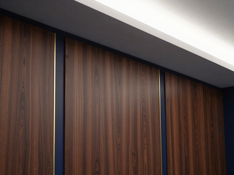 Close-up of restored walnut wall panels in an executive boardroom, dramatic architectural lighting, high-contrast shadows, premium finish