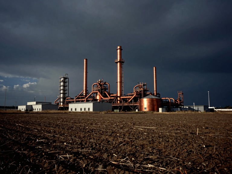 Wide environmental shot of a barren, depleted agricultural field under a stormy, high-voltage sky, dark industrial photography, dramatic lighting, 35mm film
