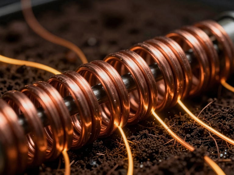 Close-up of precisely wound copper coils within a soil matrix, glowing amber vector lines against a dark background, high-contrast studio lighting, macro lens, 35mm film
