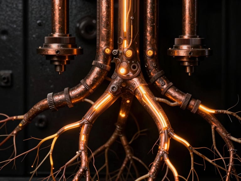 Close-up of root systems with glowing amber electrical pathways, dark industrial photography, high-contrast, macro lens, 35mm film.