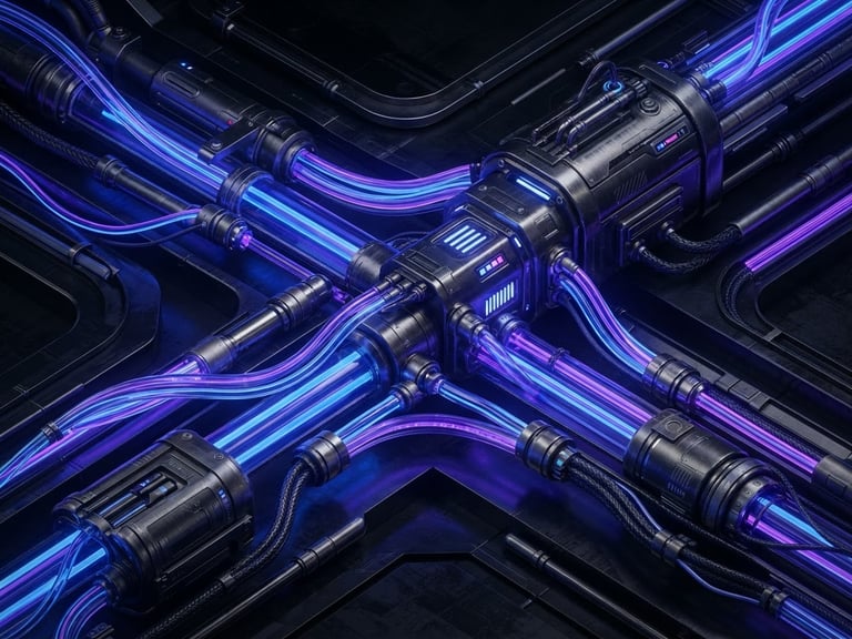Sleek isometric 3D render of a dark metallic data pipeline with glowing cobalt blue lines, macro close-up, high-contrast studio lighting