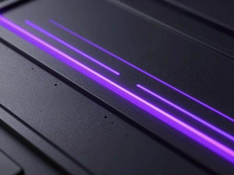 Macro close-up of a dark metallic digital interface with glowing violet data tracks and crisp studio lighting