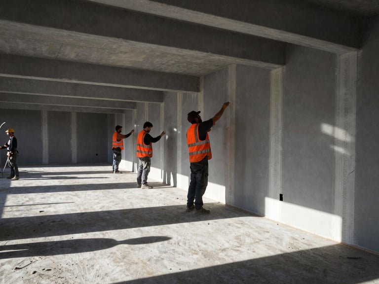 Interior of a commercial space under rapid renovation, workers installing drywall, high contrast, sharp shadows, safety orange accents, showing dynamic progress.