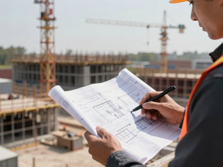 Close-up of an engineer reviewing blueprints on a tablet, with a construction site in the blurred background, high contrast daylight, emphasizing technical oversight.