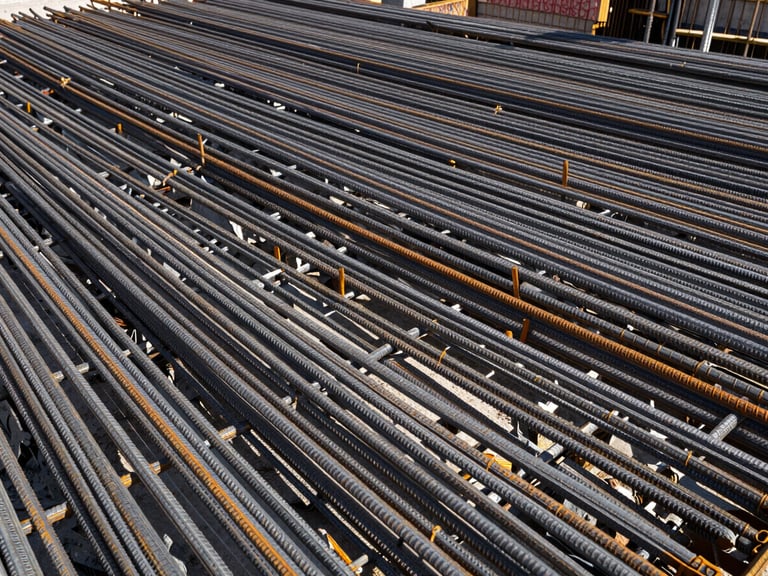 Wide-angle shot of a steel rebar cage being assembled on a construction site, sharp daylight, high contrast, charcoal and orange tones, with a focus on the structural integrity.