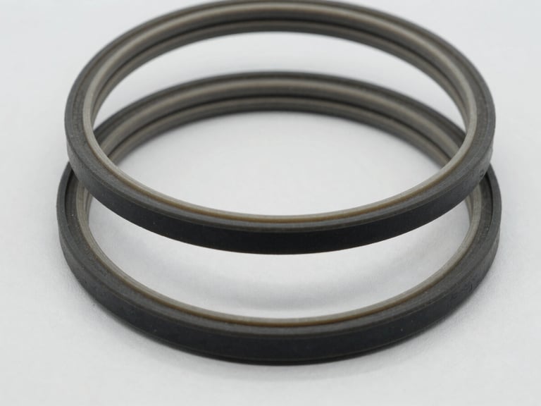 Close-up macro shot of industrial rubber gaskets showing clean edges, neatly stacked on a neutral light gray background, bright high-key studio lighting, 50mm lens