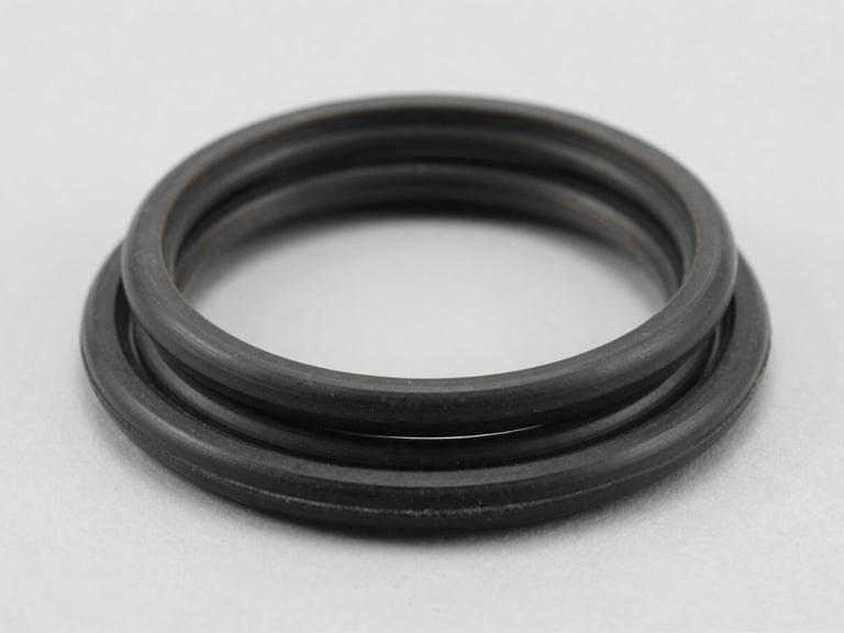 Close-up macro shot of industrial black rubber gaskets and O-rings with clean edges, stacked neatly on a neutral light gray background, bright high-key studio lighting, crisp details