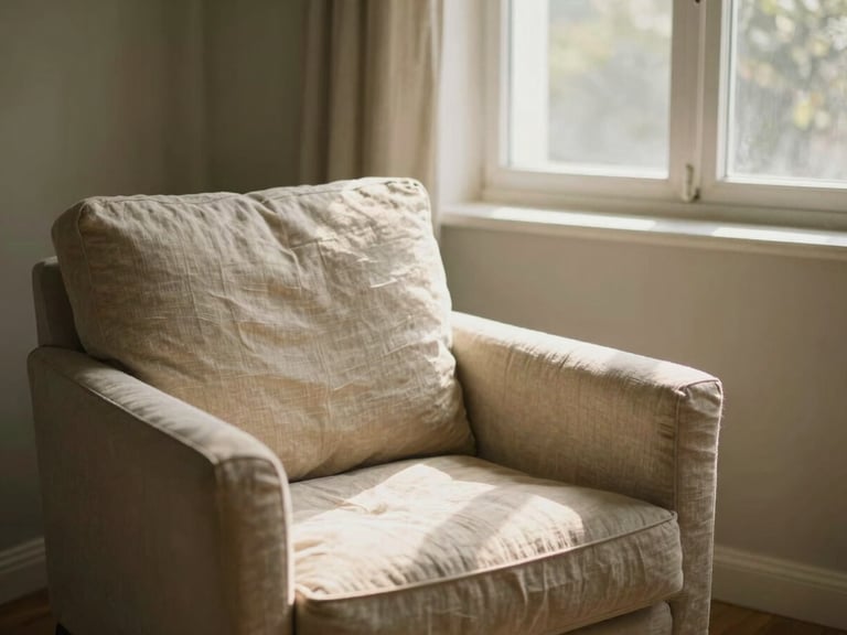 A quiet sunlit room corner with a linen armchair, soft light filtering through a window, peaceful and welcoming atmosphere