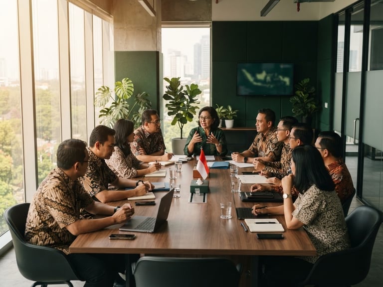 A professional group meeting of Indonesian community leaders in a modern conference room, warm daylight streaming through windows, deep forest green accents, professional editorial photography