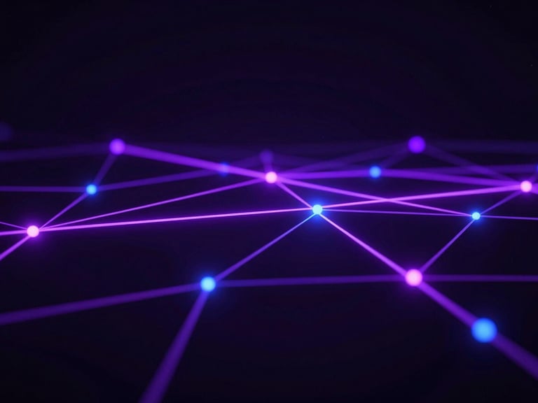 Abstract 3D render of interconnected digital nodes and data streams in a dark environment, illuminated by neon violet and electric blue light, 35mm