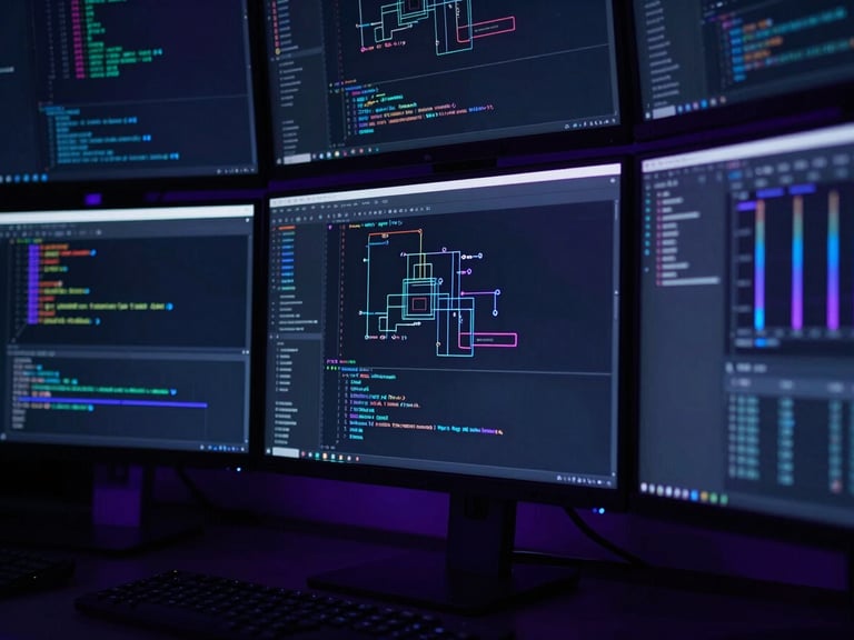 Cinematic close-up of a modern developer workspace with multiple screens displaying code and architectural diagrams, low-key lighting with subtle blue ambient glow, 35mm