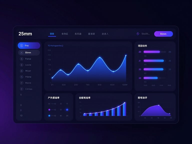 High-fidelity UI mockup of a dark-mode enterprise dashboard with glowing blue and violet data visualizations, sleek typography, and crisp borders, 35mm