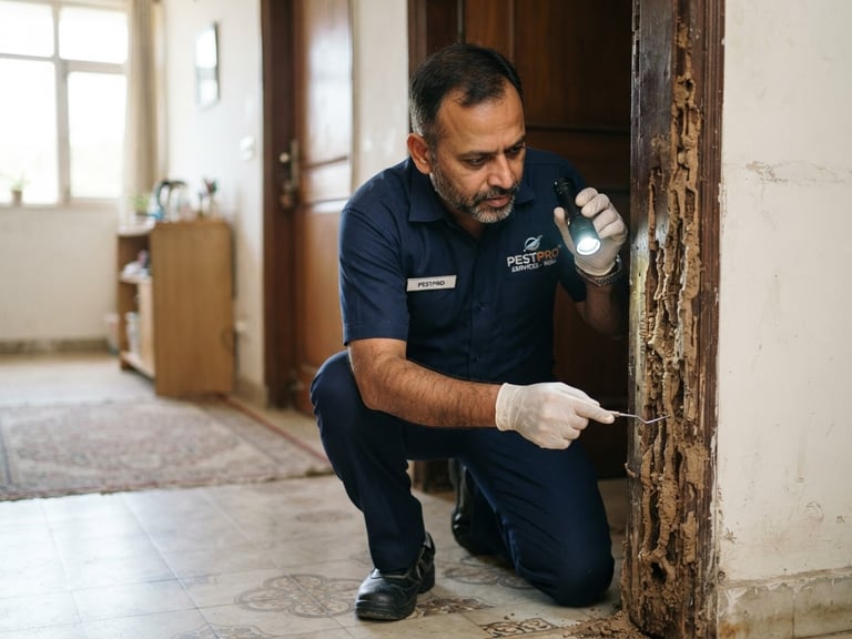 Professional pest control technician in a clean, branded uniform inspecting a wooden doorframe for termites, natural indoor daylight, crisp focus, Delhi NCR setting.
