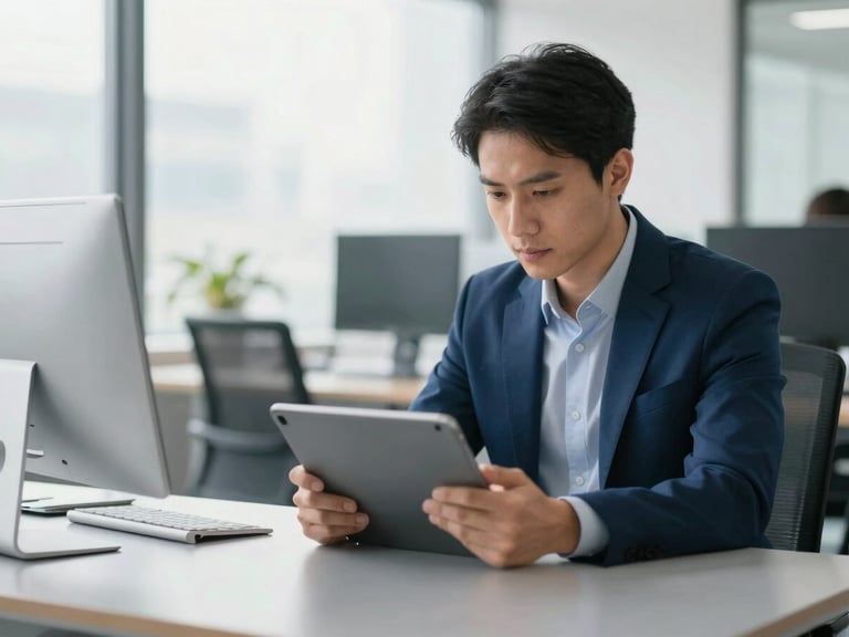 A hiring manager reviewing a digital candidate profile on a tablet, focused expression, modern office setting, natural light.