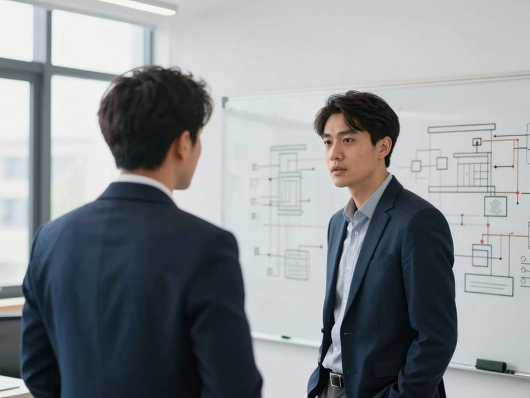Two engineers having a focused discussion in a modern open-plan office, whiteboard with technical diagrams in the background, natural daylight.
