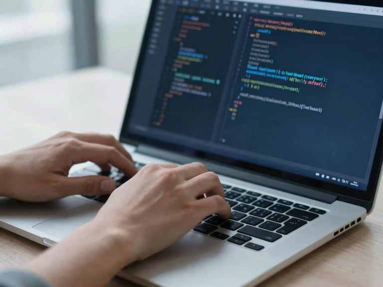 Hands of a software engineer typing code on a laptop, screen showing complex code, natural daylight, cool blue tones, shallow depth of field.