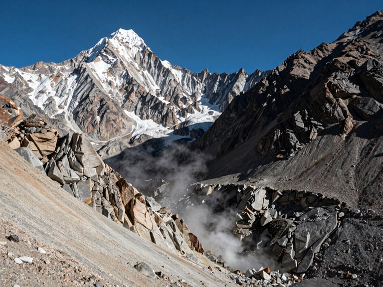 Wide environmental landscape of the rugged Karakoram range under high-contrast mountain daylight, steep granite peaks, steam venting from a deep rocky fissure in the lower right foreground.