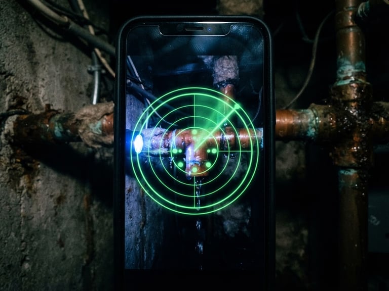First-person perspective of a smartphone screen scanning a leaking copper pipe joint in a dark utility closet, neon green radar overlay, dramatic high-contrast low-light, cool blue key lights, sharp macro focus, 35mm