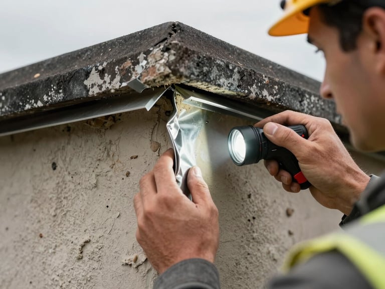 Close-up of a roofing inspector examining flashing detail at a chimney base, hands in frame with a flashlight, overcast natural light, weathered mortar and sealant visible, no face shown, documentary framing