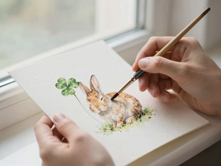 Hands holding a delicate paintbrush over a watercolor illustration of a tiny rabbit asleep under a clover leaf, soft diffused light, warm editorial