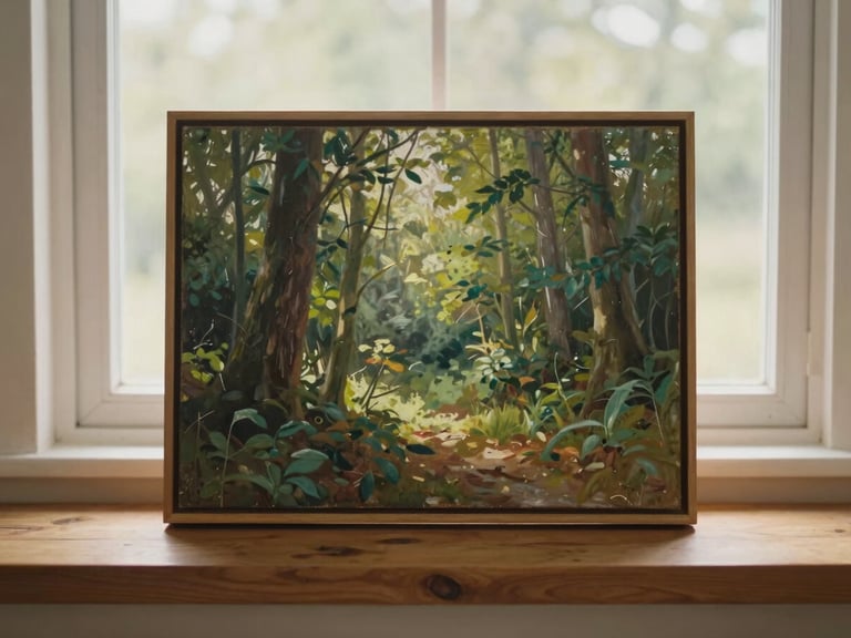 A finished framed oil painting of a sunlit forest clearing resting on a cozy wooden shelf, warm morning window light, soft focus, 35mm