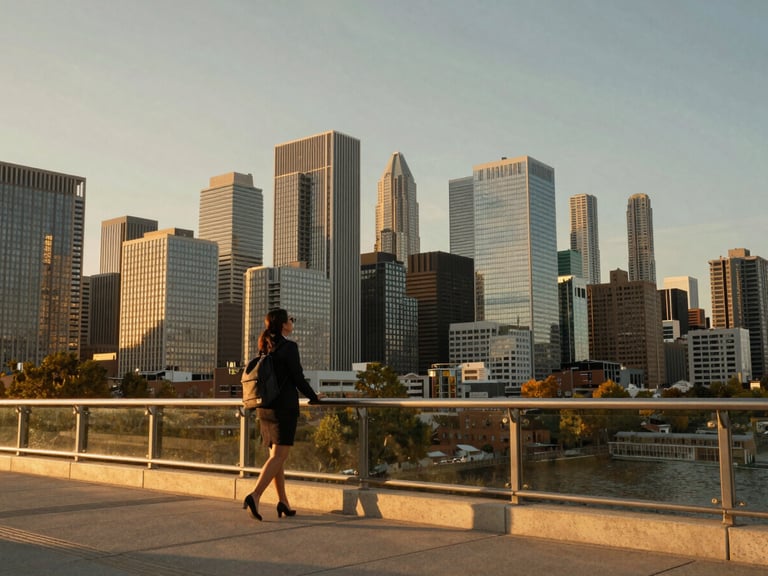 Wide golden-hour shot of downtown Toronto seen from a pedestrian bridge, a Latina professional with a backpack pausing mid-walk to look at the skyline, warm amber light raking across glass towers, low horizon with open sky above