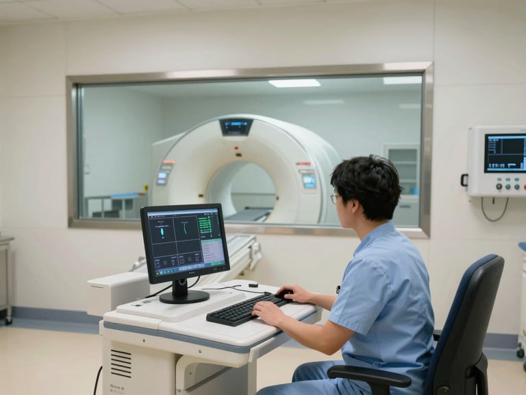 Wide view of a hospital imaging suite control area, technologist seated at a console with MRI scan parameters on screen, large observation window into scanner room visible behind, clinical institutional lighting