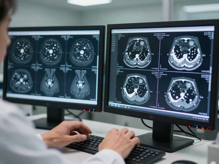 Close-up overhead view of a radiologist's hands at a dual-monitor diagnostic workstation, CT scan images filling both screens, clinical reading room environment, soft fluorescent overhead light