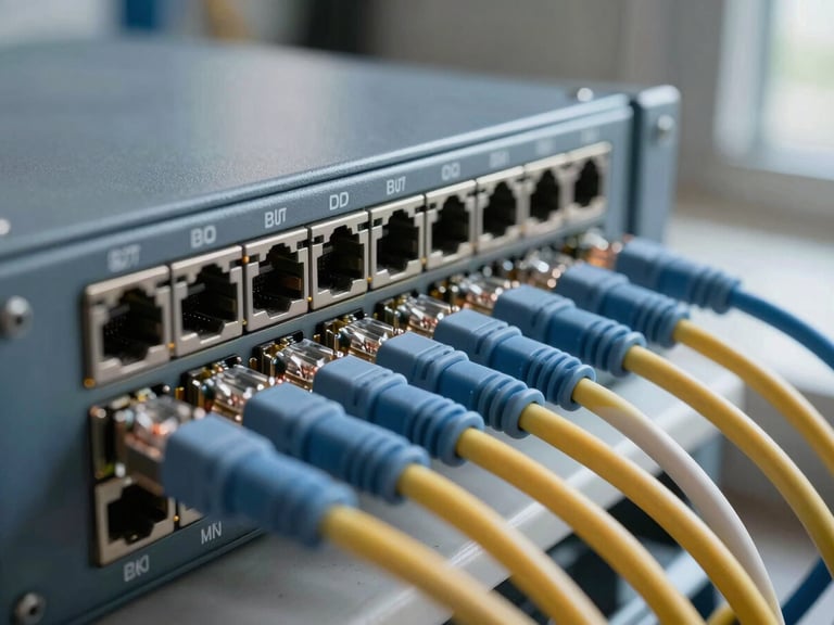 Close-up of a network patch panel with labeled ethernet cables neatly routed through cable management rings, daylight from a nearby window illuminating the port labels, no people visible