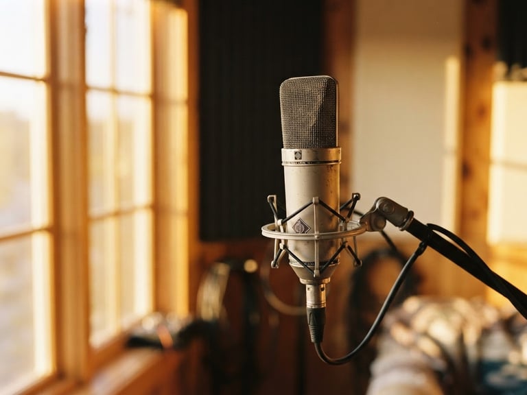 A close-up of a vintage condenser microphone in a warm, sunlit recording booth, soft golden-hour light filtering through a window, shallow depth of field, 35mm