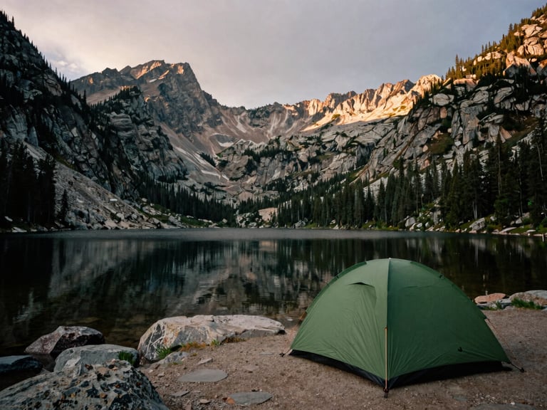 Overcast moody alpine lake in Idaho, granite peaks reflecting on water, a green canvas tent pitched on the rocky shore