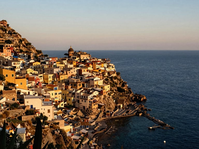 Warm editorial travel photography, golden hour, a scenic view of a cliffside village in Italy overlooking the deep blue Mediterranean sea, soft sunset glow, 35mm.
