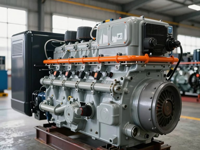Close-up of a new heavy-duty diesel generator engine in a clean warehouse, crisp industrial lighting, metallic tones, sharp focus, 35mm