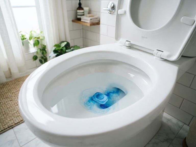 Crisp editorial photo of a clean residential bathroom with bright natural daylight, focusing on a modern toilet with a single blue tablet dissolving in clear water, 35mm lens