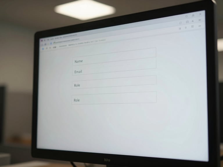 Close-up documentary frame, a sparse web form on a monitor screen showing three fields — name, email, role — under cool overhead office light, no decoration, neutral background wall visible at left edge