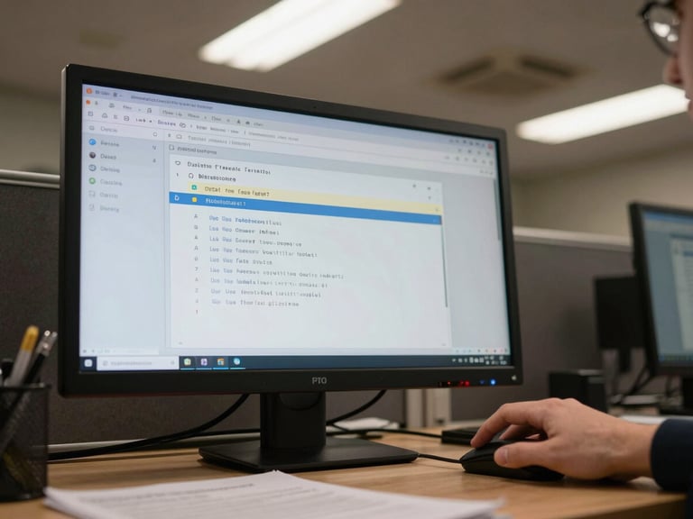 Documentary wide shot, a person's hand moving a mouse over a monitor screen showing a user account row with a delete action highlighted, overhead fluorescent office light, printed roster partially visible on desk