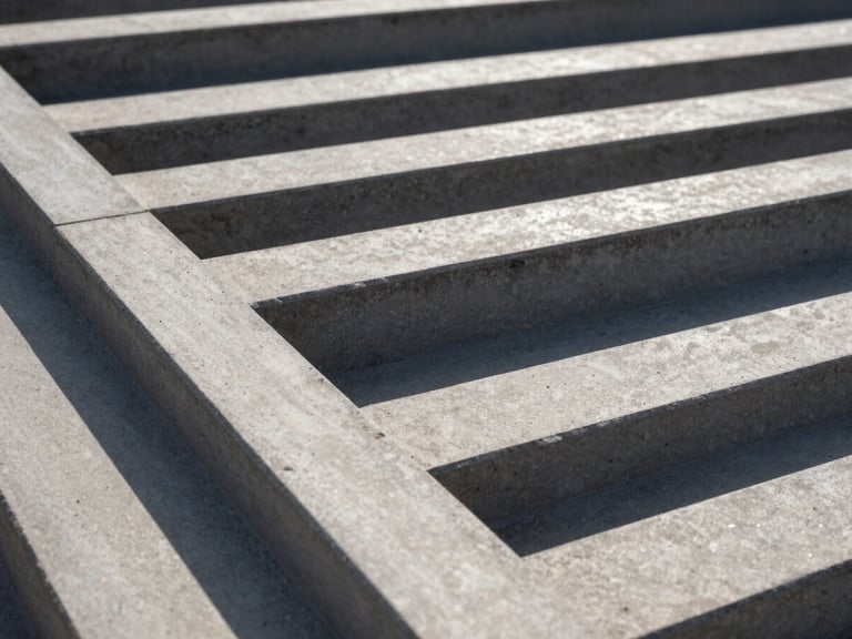 Macro crop of structured architectural lines and concrete surfaces, sharp shadows, bright direct daylight, emphasizing precision and structure